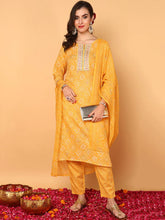 Women Yellow Poly Cotton Bandhani Printed Straight Kurta Trouser With Dupatta